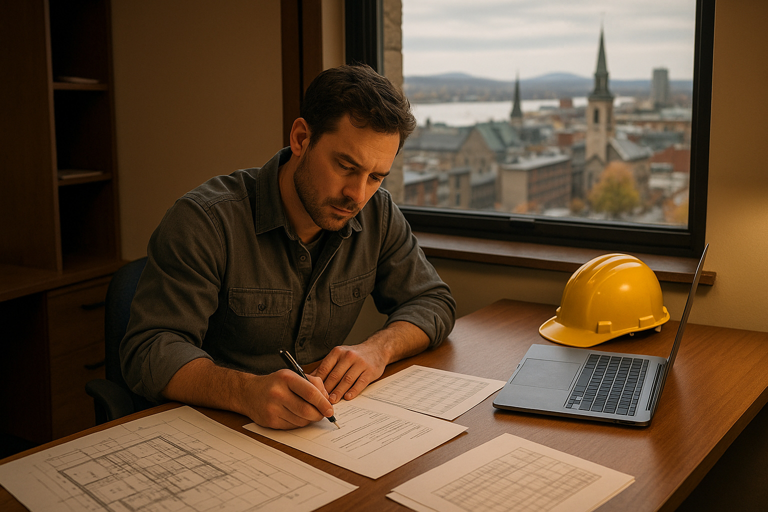 Entrepreneur en construction preparant une soumission pour un projet de copropriete