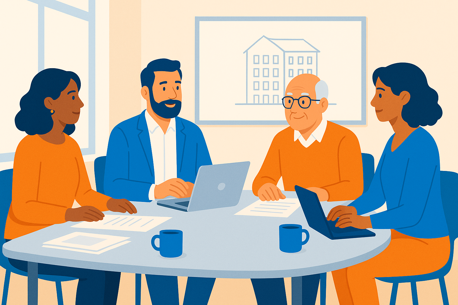 Administrateurs benevoles en reunion du conseil d'administration de copropriete