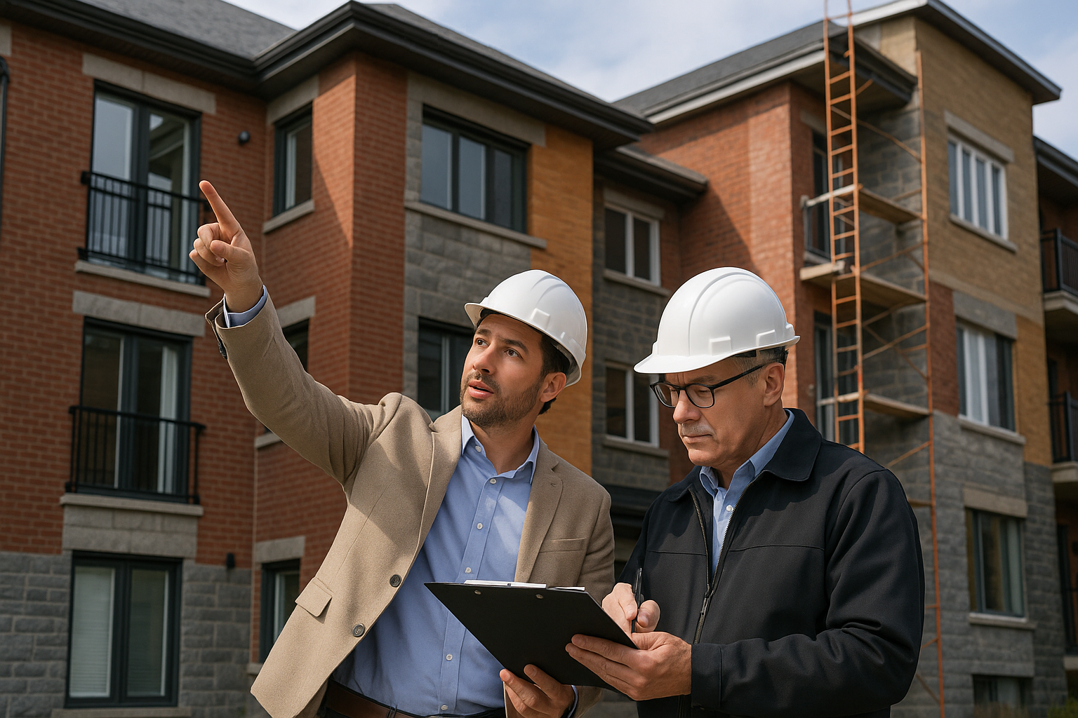 Entrepreneur en construction planifiant ses projets de copropriete sur un echeancier 25 ans