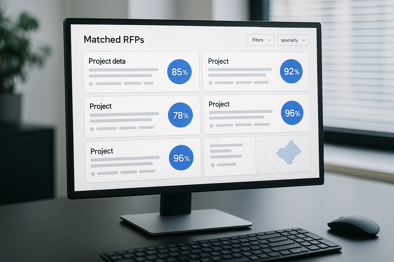Tableau de bord entrepreneur montrant des appels d'offres matchs par specialite et zone geographique