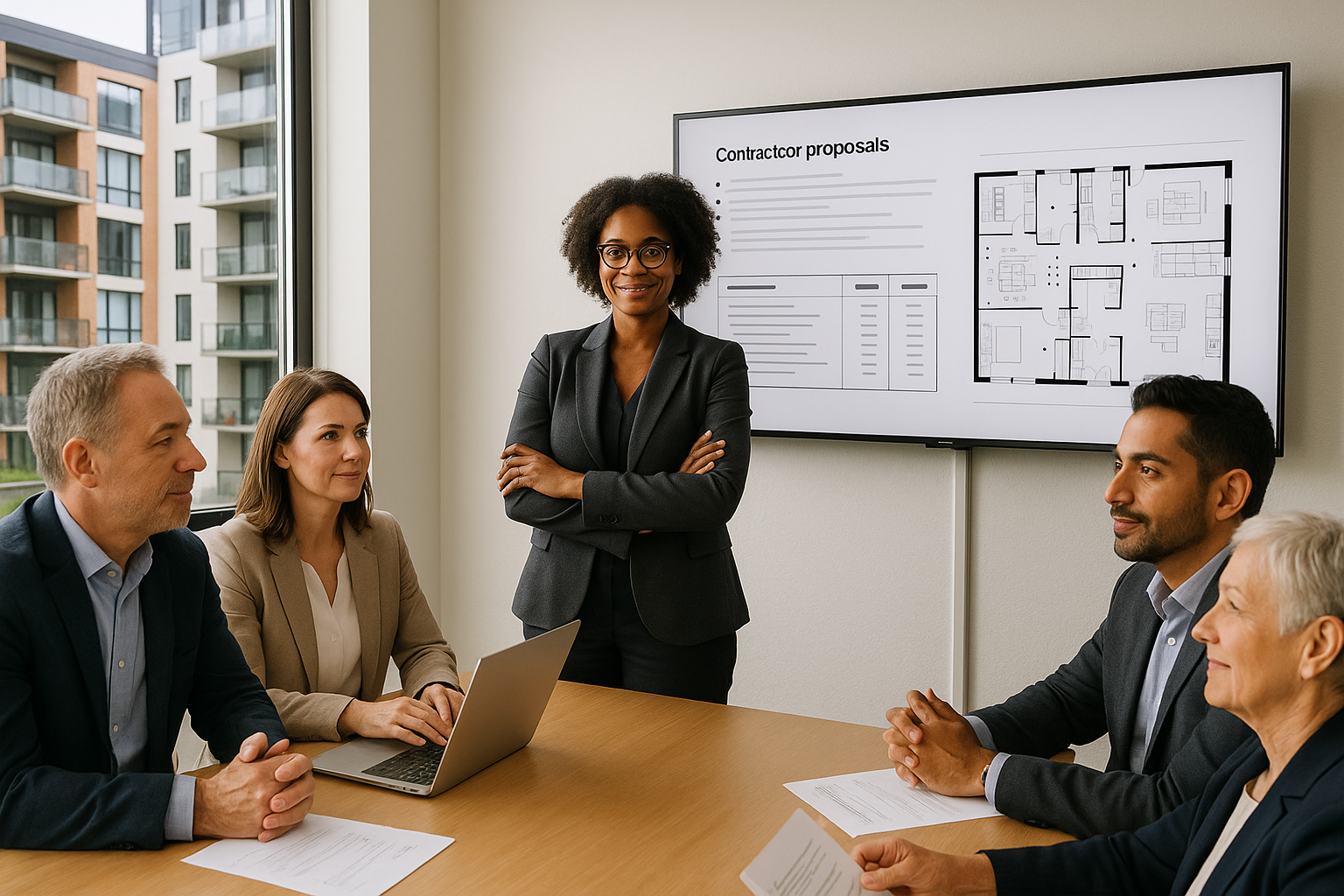 Conseil d'administration de copropriete confiant examinant les soumissions d'entrepreneurs verifies