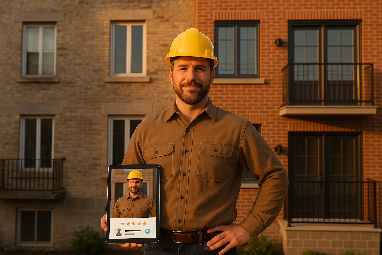 Profil entrepreneur enrichi par IA montrant licence RBQ, evaluations et specialites