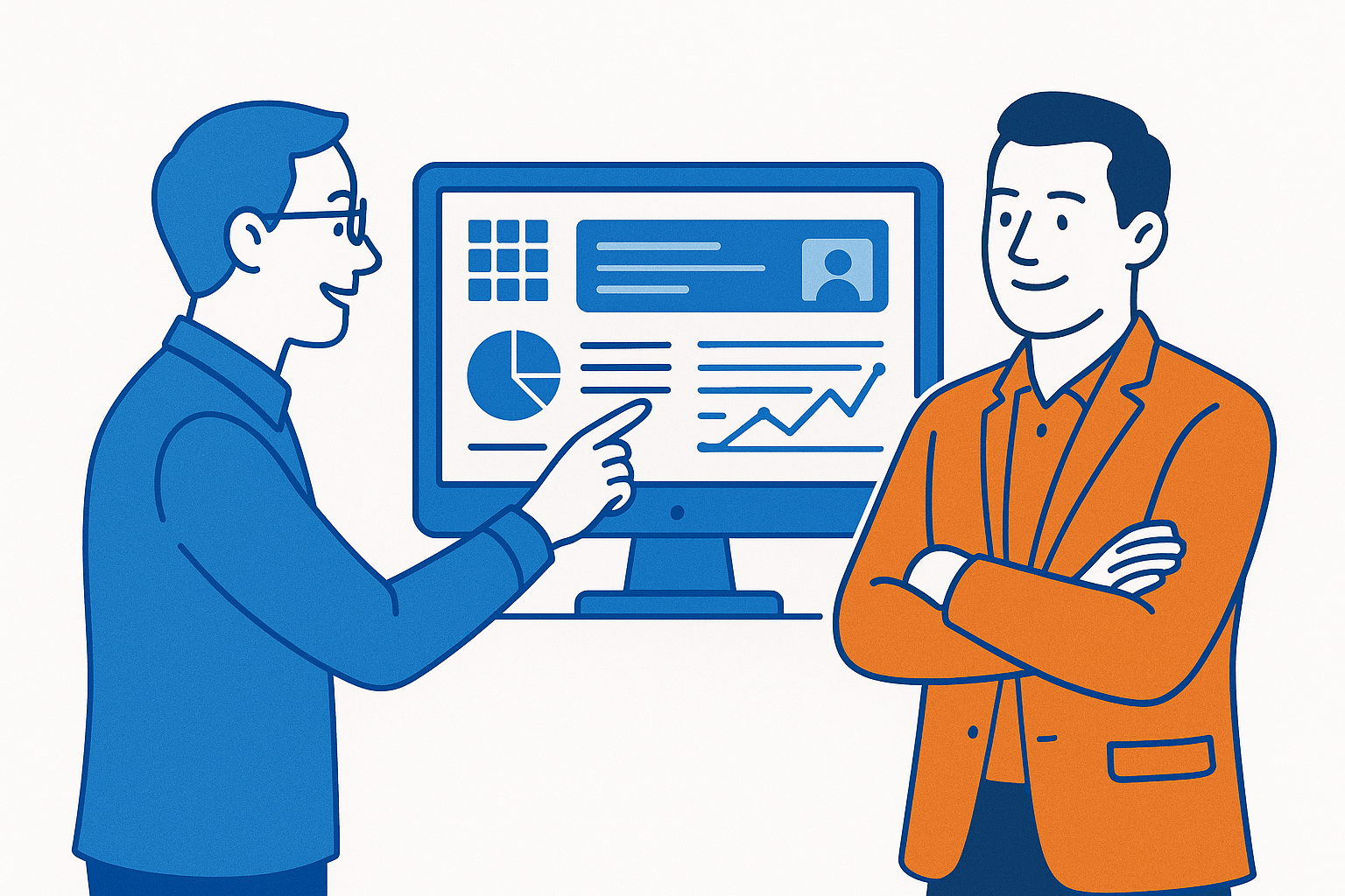 Passage de relais entre deux administrateurs benevoles, l'un montrant a l'autre un tableau de bord numerique complet sur un ecran