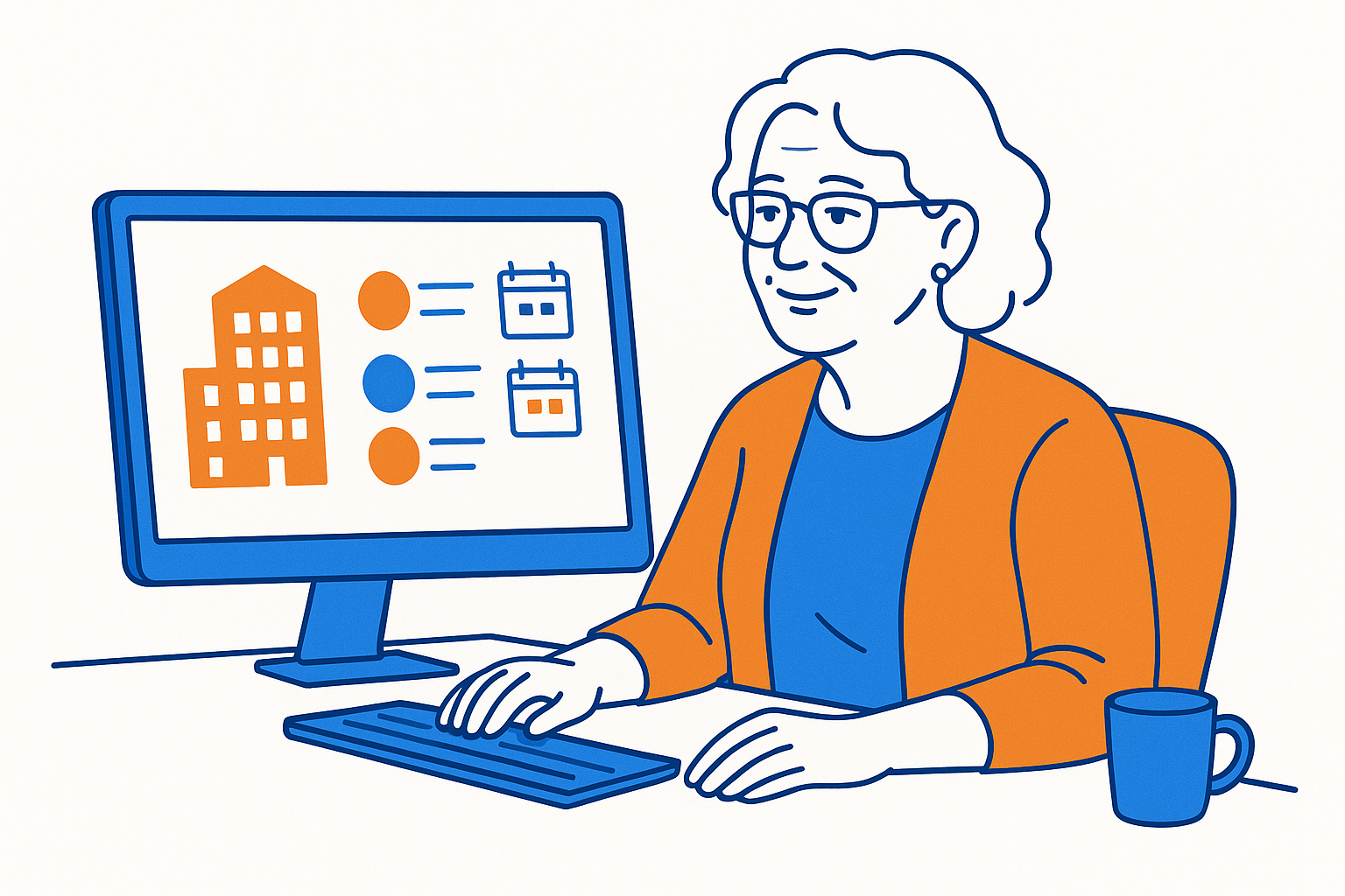 Administratrice benevole retraitee devant son ordinateur, decouvrant un tableau de bord simplifie qui lui presente les priorites de son immeuble