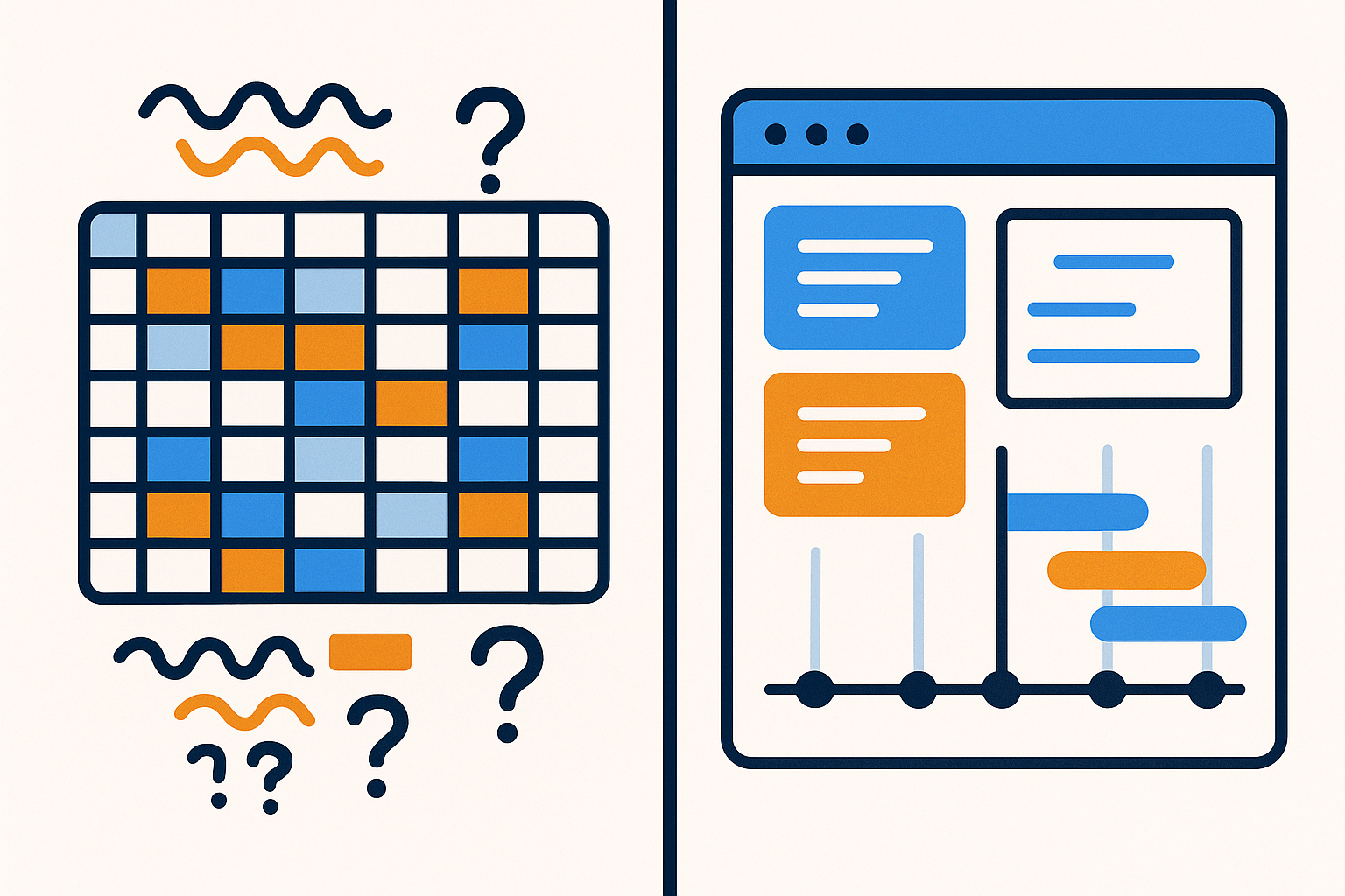 Ecran divise montrant un fichier Excel chaotique rempli de lignes colorees a gauche et un tableau de bord numerique organise avec des priorites claires a droite