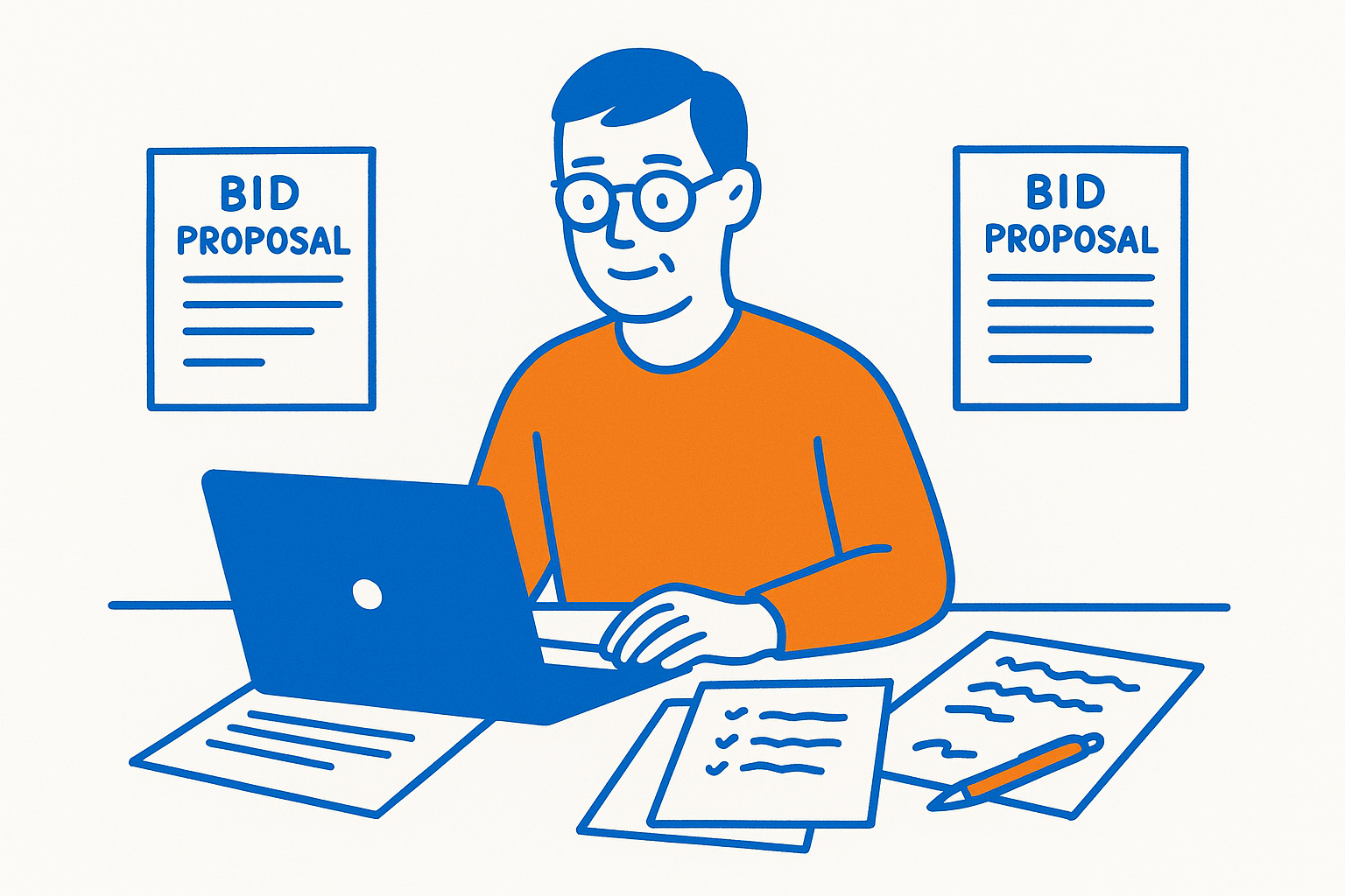 Administrateur benevole verifiant des documents d'entrepreneurs sur son ordinateur portable, entoure de soumissions imprimees et de notes