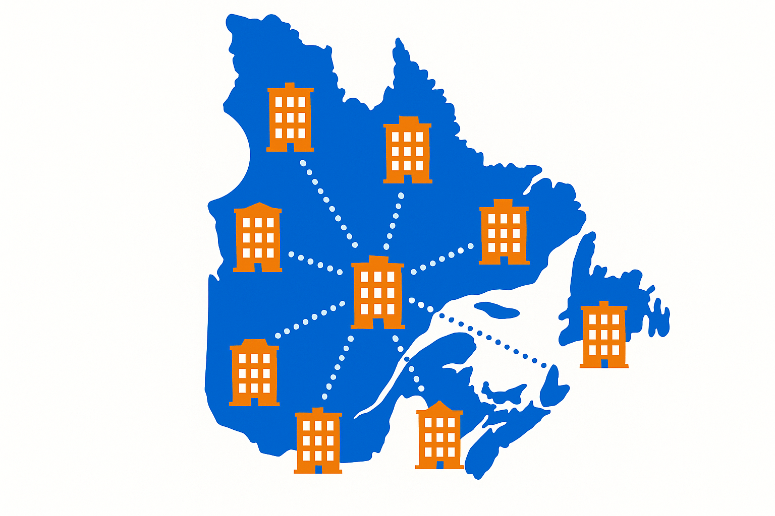 Carte du Quebec montrant un reseau de syndicats connectes partageant leurs evaluations d'entrepreneurs