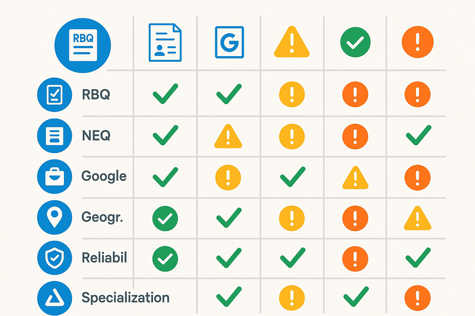 Tableau comparatif montrant les 7 criteres de verification d'un entrepreneur avec des indicateurs visuels vert, jaune et rouge
