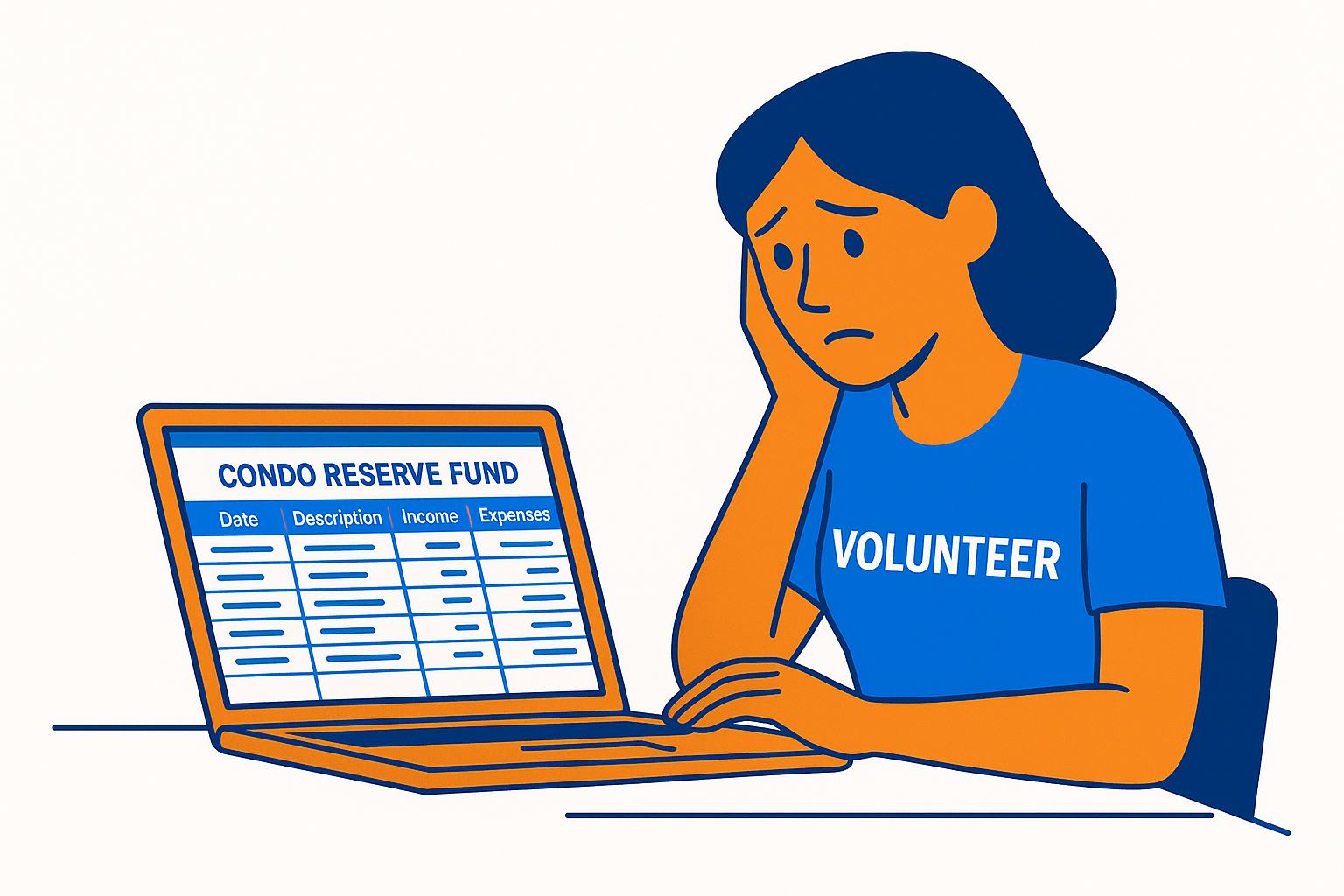 Tresorier benevole devant son ordinateur portable le soir, fichier Excel du fonds de prevoyance ouvert avec des colonnes de chiffres et un air preoccupe