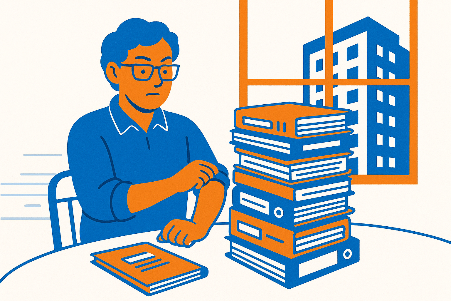 Nouvel administrateur benevole assis devant une pile de documents de copropriete, l'air determine mais un peu depasse