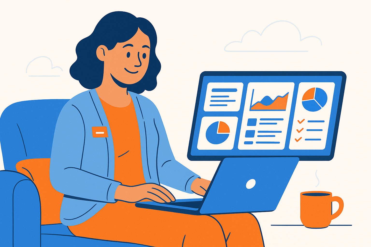 Administratrice benevole souriante consultant un tableau de bord clair et organise sur son portable