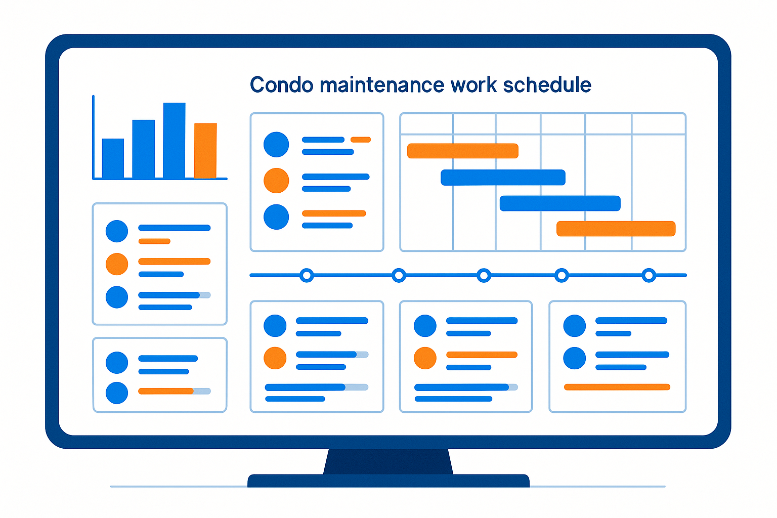 Tableau de bord montrant un echeancier de travaux de copropriete avec priorites et budgets