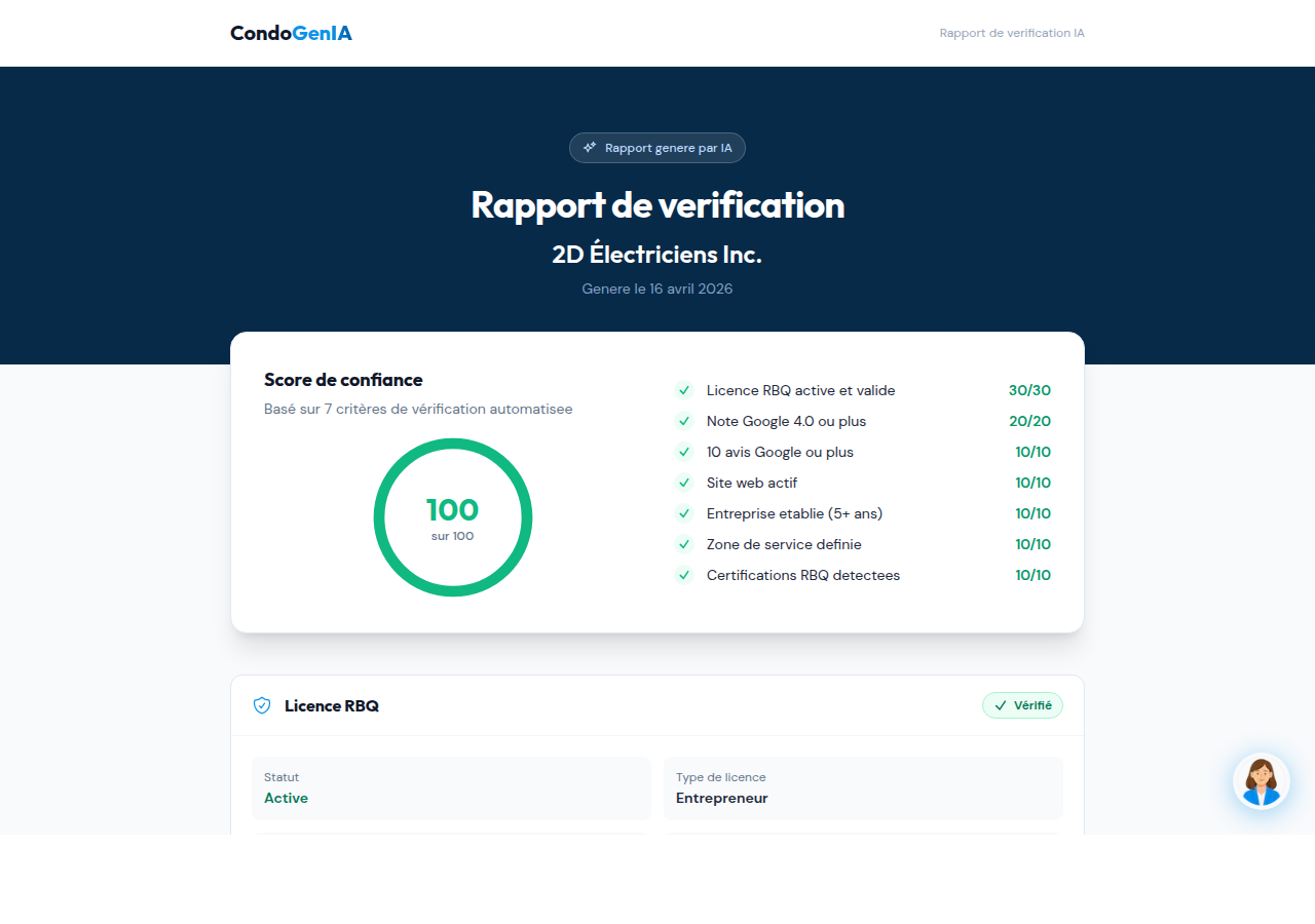 Exemple de score de confiance IA 100/100 pour un entrepreneur vérifié